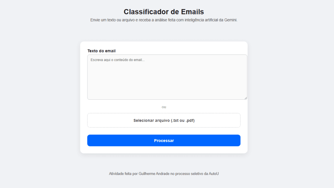 Tela do projeto Classificador de E-mails